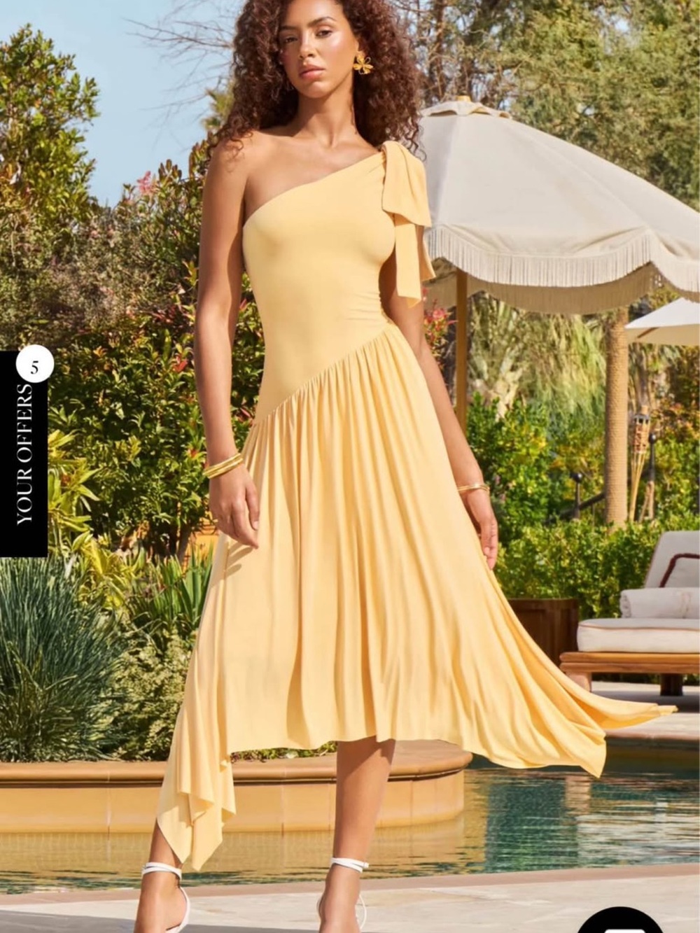 One-Shoulder Yellow Pleated Midi Dress